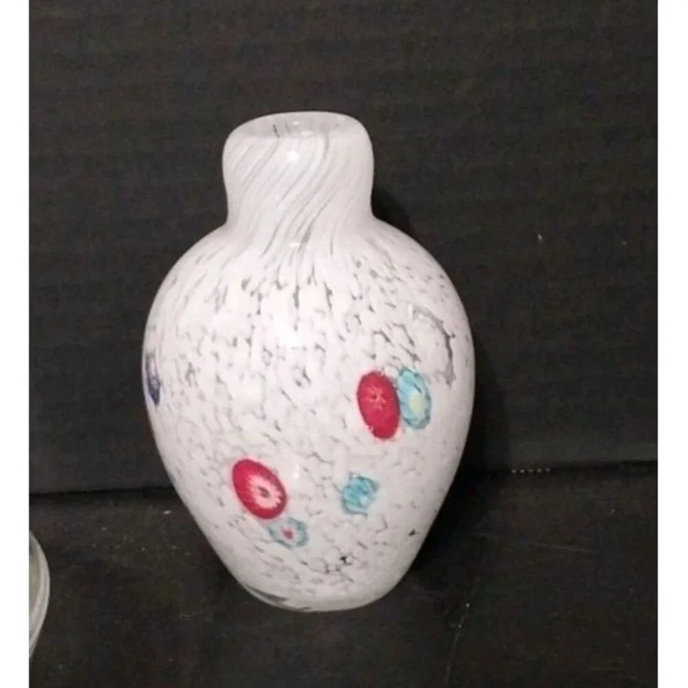 Art Glass Spotted Colored Mini White Millefiori Glass Hand Blown Vase 4.5